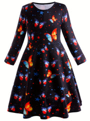 Butterfly Graphic Crew Neck Long Sleeve Dress Girls