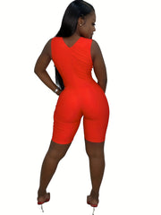 Solid V Neck Sleeveless Bodycon Romper