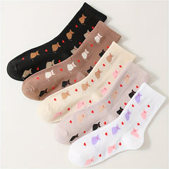 5 Pairs Cartoon Cat Print Socks Cute & Comfy Women's Mid Tube Stockings