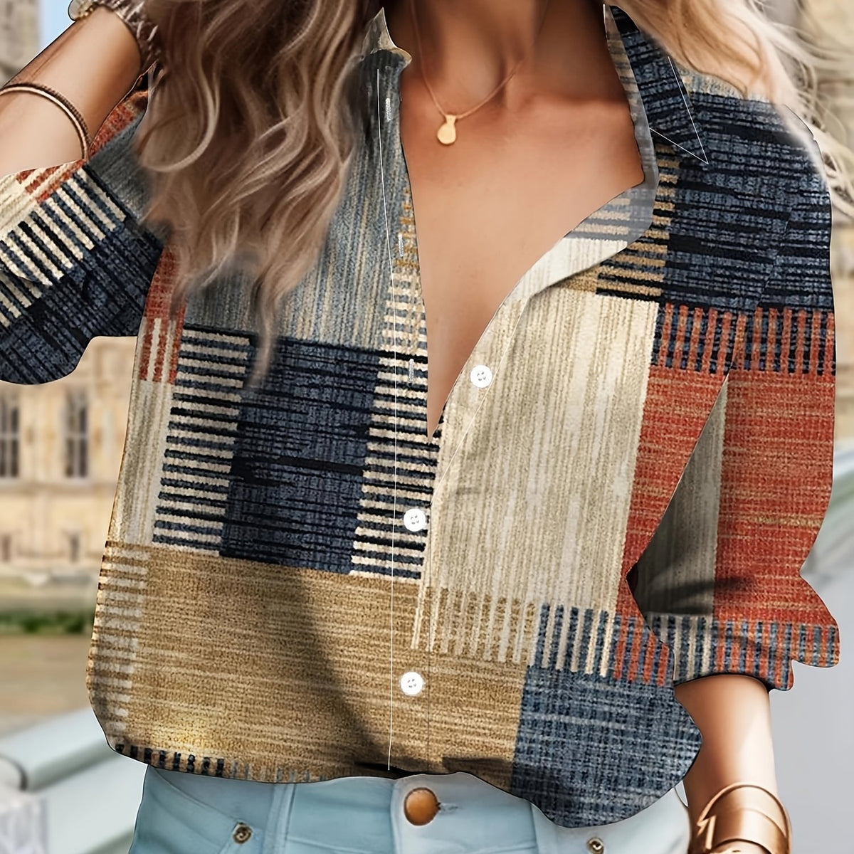  Casual Blouse Women's Plus Patchwork Print Button Up Shirt