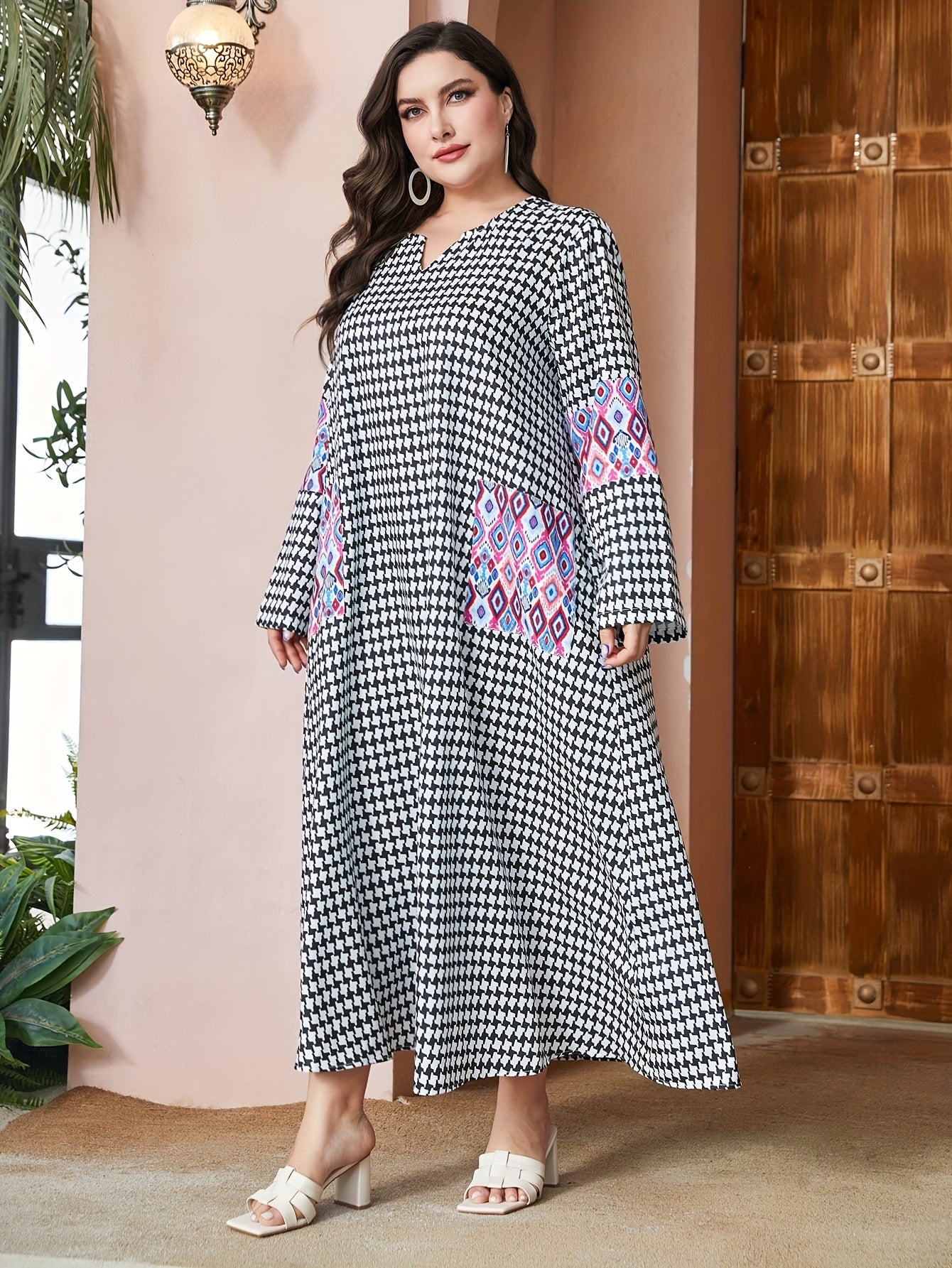  Houndstooth & Geometric Print Maxi Dress