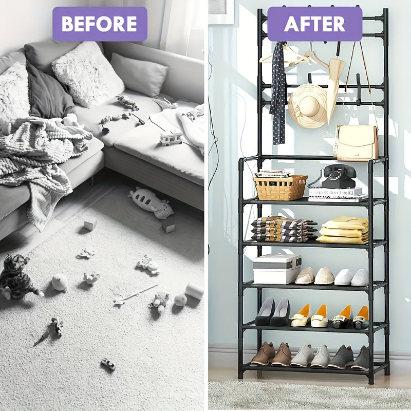 Entrance Coat Rack Foyer Shoe Rack w/ Storage Shelves & Hooks