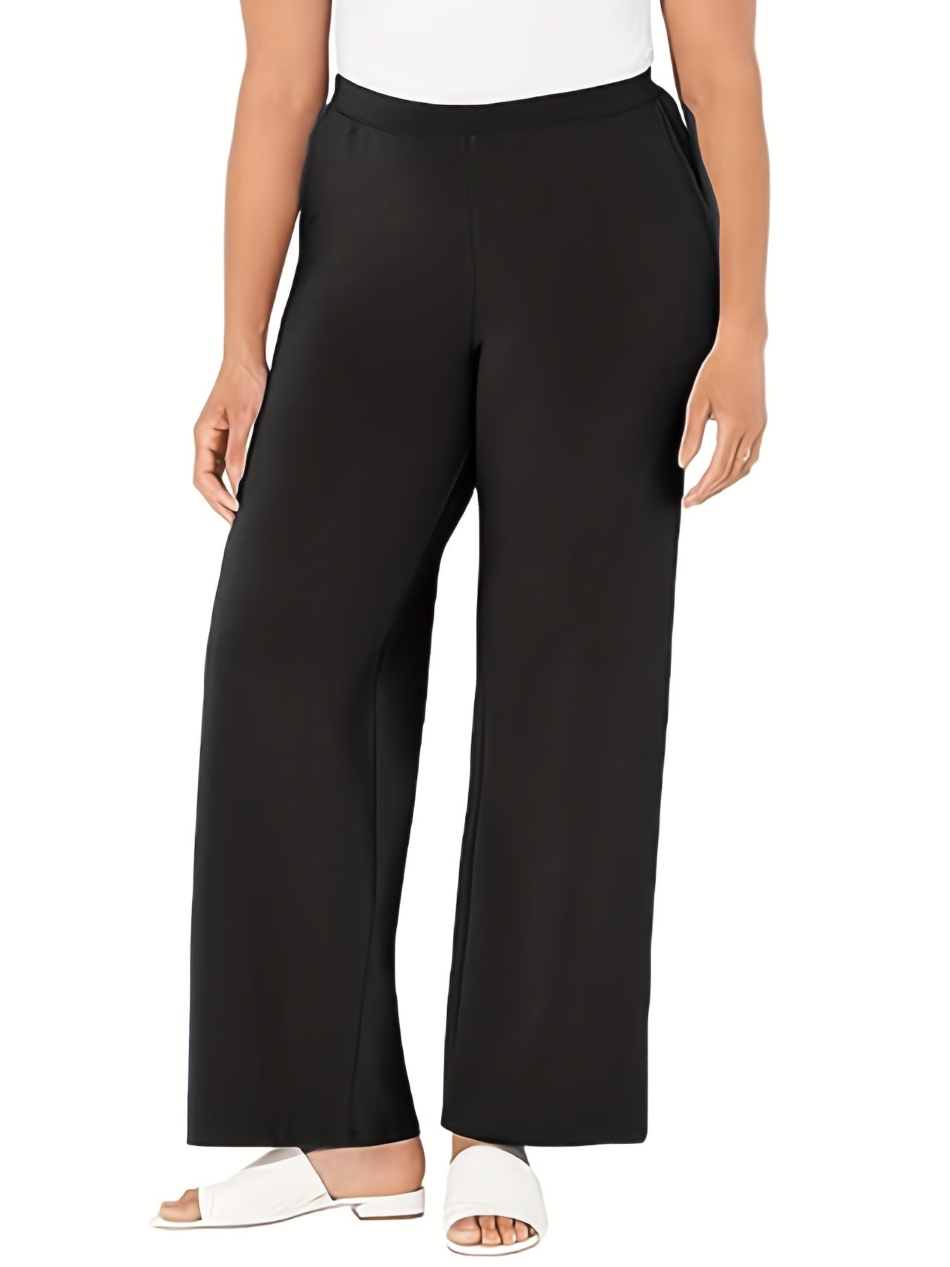  Solid Straight Wide Leg Stretch Loose Trousers With Pockets
