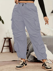  Solid Drawstring High Rise Cargo Trousers