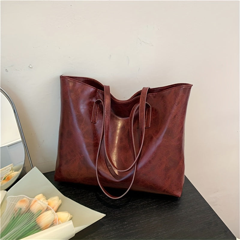 Large Capacity Tote Bag PU Leather Textured Solid Shoulder Bag