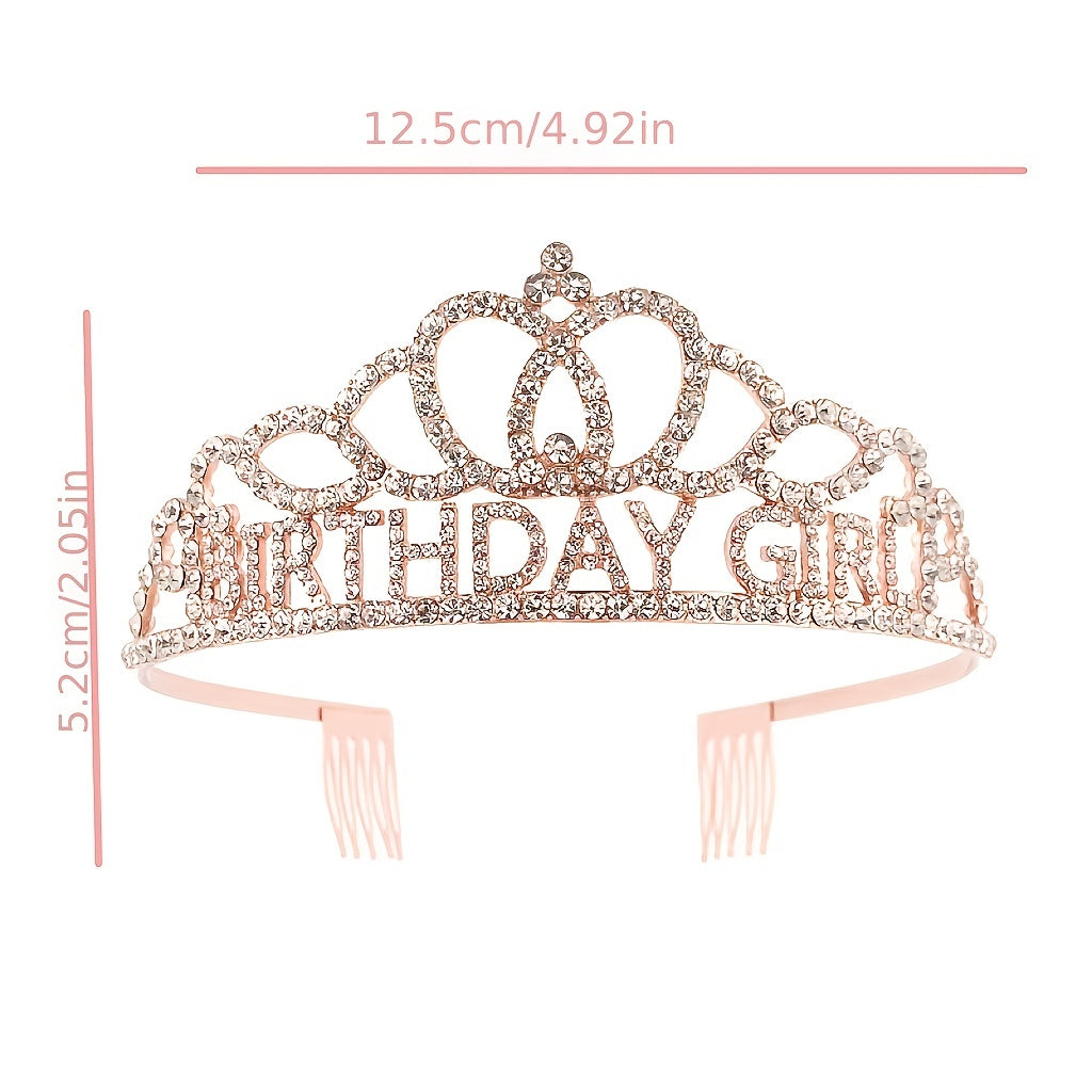 Rose Gold Rhinestone Tiara Headband Birthday Crown for Women Girls