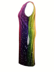  Colorblock Print Maxi Tank Dress With Pockets