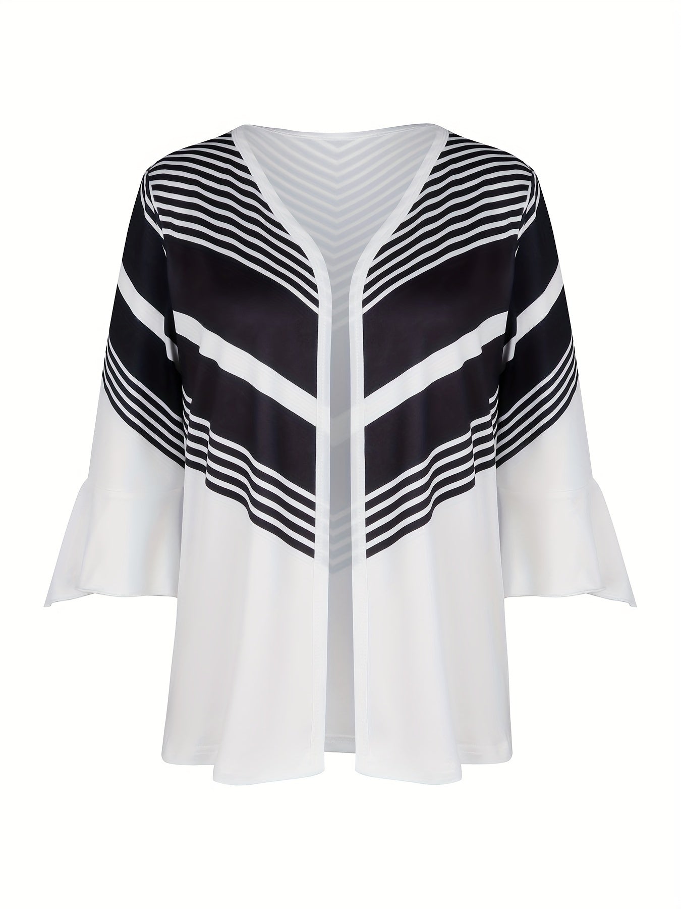  Colorblock Striped Bell Sleeve Cardigan
