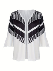  Colorblock Striped Bell Sleeve Cardigan