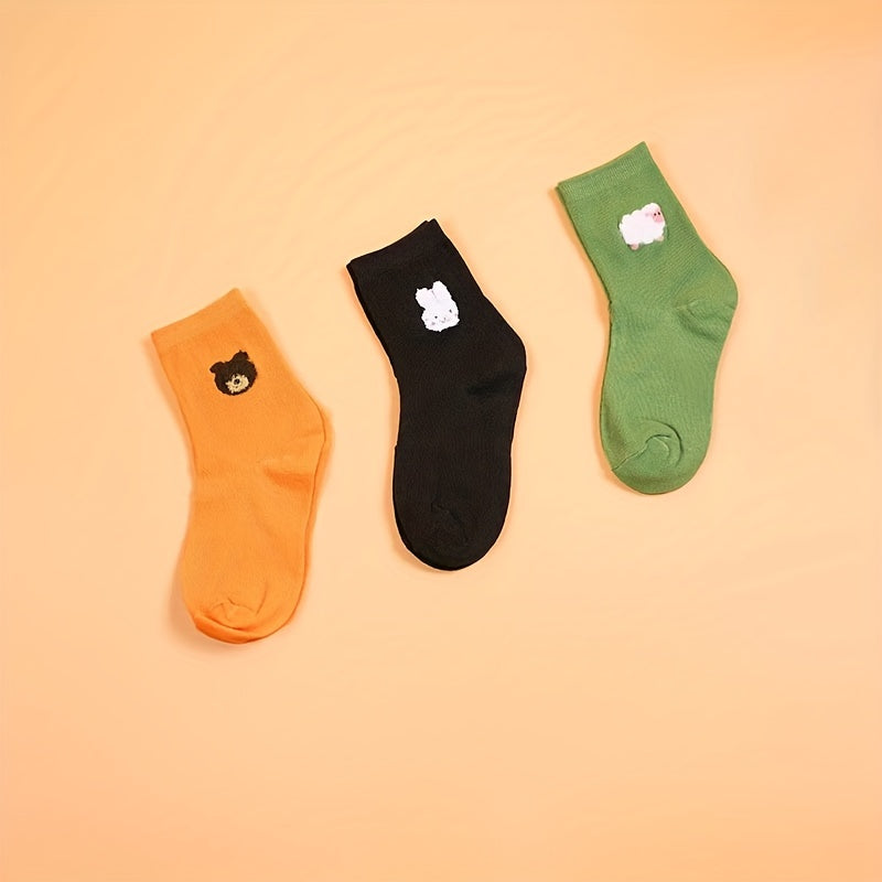 3 Pairs Cartoon Animal Print Socks Comfy & College Style Women's Stockings