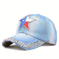 Pentagram Patch Denim Baseball Cap Rhinestone Hip Hop Distressed Dad Hat