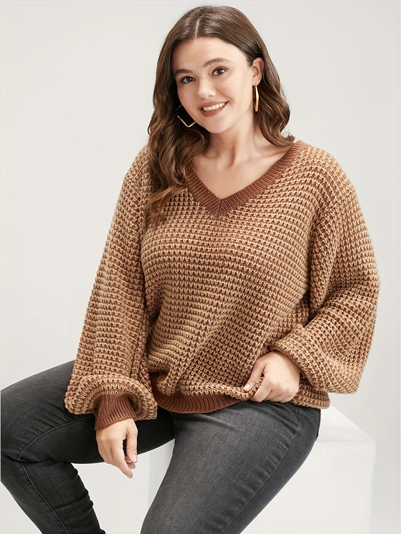  Lantern Sleeve V Neck Pullover Sweater