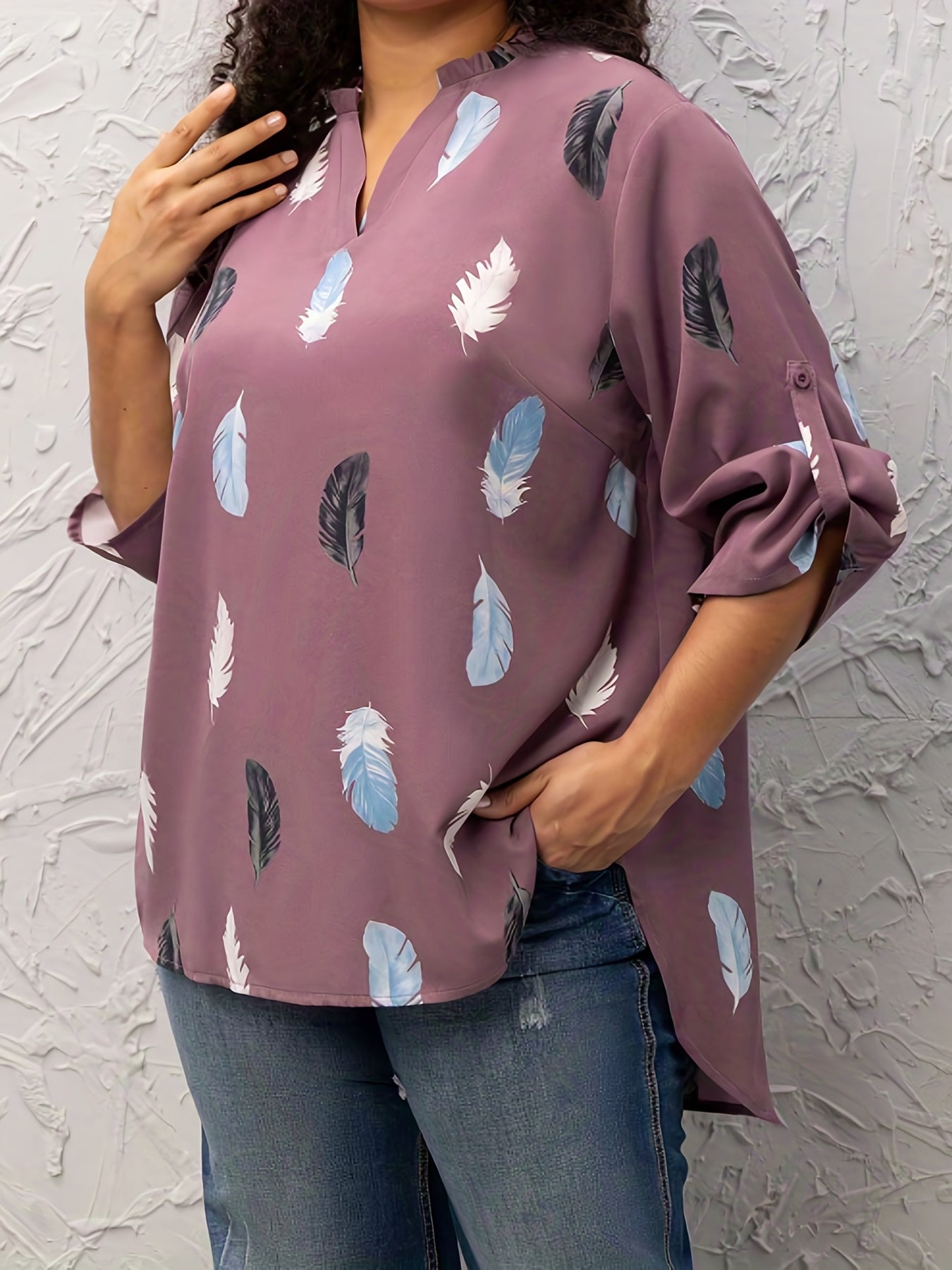  Casual Blouse Women's Plus Feather Print Long Sleeve