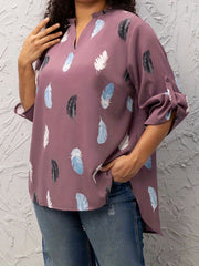  Casual Blouse Women's Plus Feather Print Long Sleeve