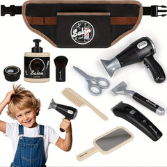 Kids Barber Shop Pretend Play Set with 10 Styling Tools & Portable Waist Bag