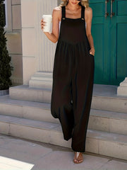  Solid Button Wide Leg Overalls With Pockets