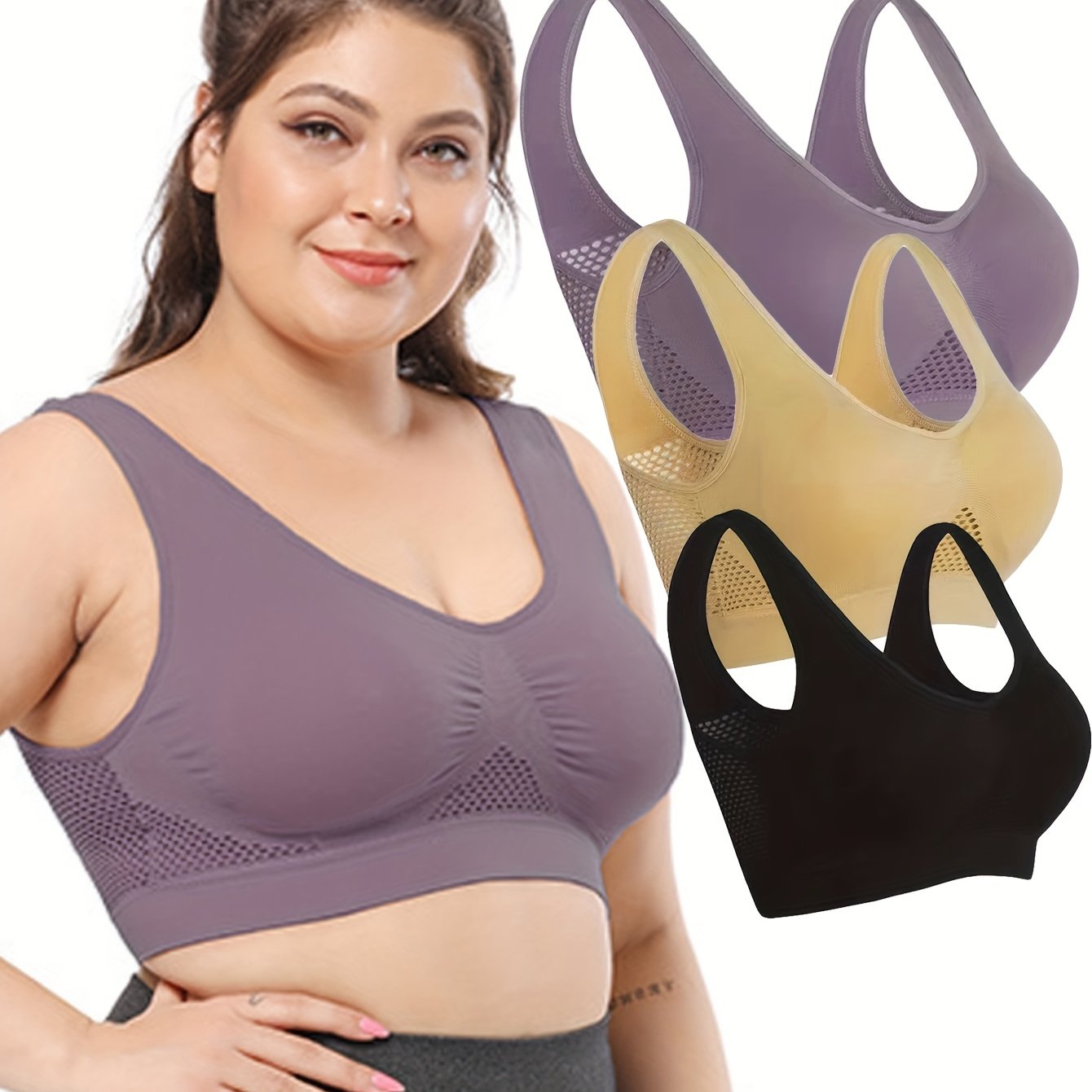 3 Pack Plus Size Sports Bra Set Women's Plus Bounce Control Wireless Bralette