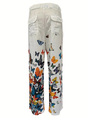 Men's Butterfly Pattern Straight Leg Pants Elastic Waist Beach Trousers