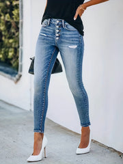 Ripped Skinny Jeans Slim Fit Distressed Slash Pockets Single Breasted Button
