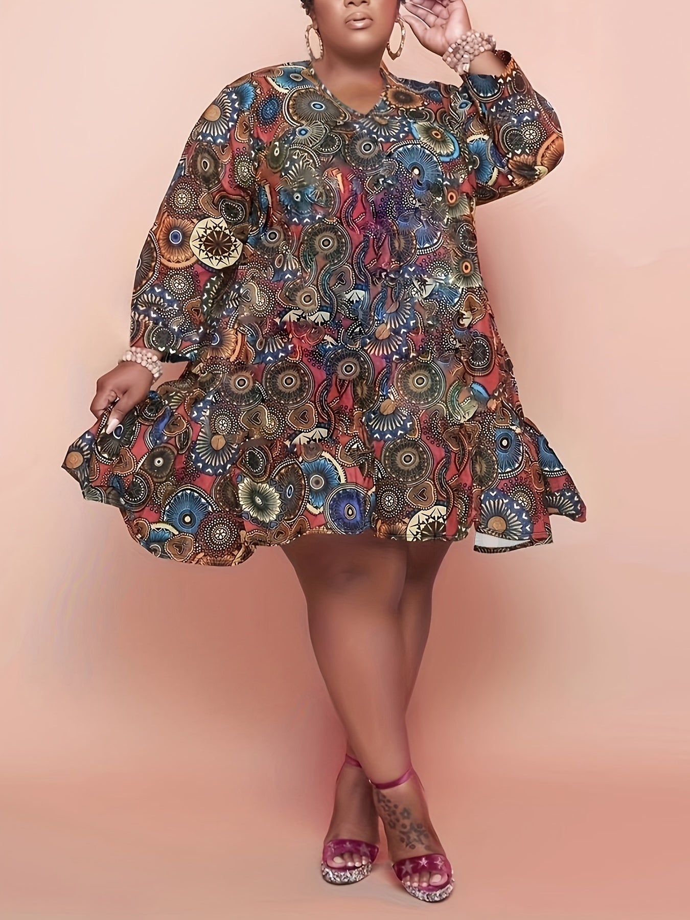  Geometric Print Midi Dress Women's Plus V Neck