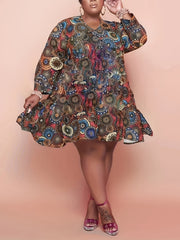  Geometric Print Midi Dress Women's Plus V Neck