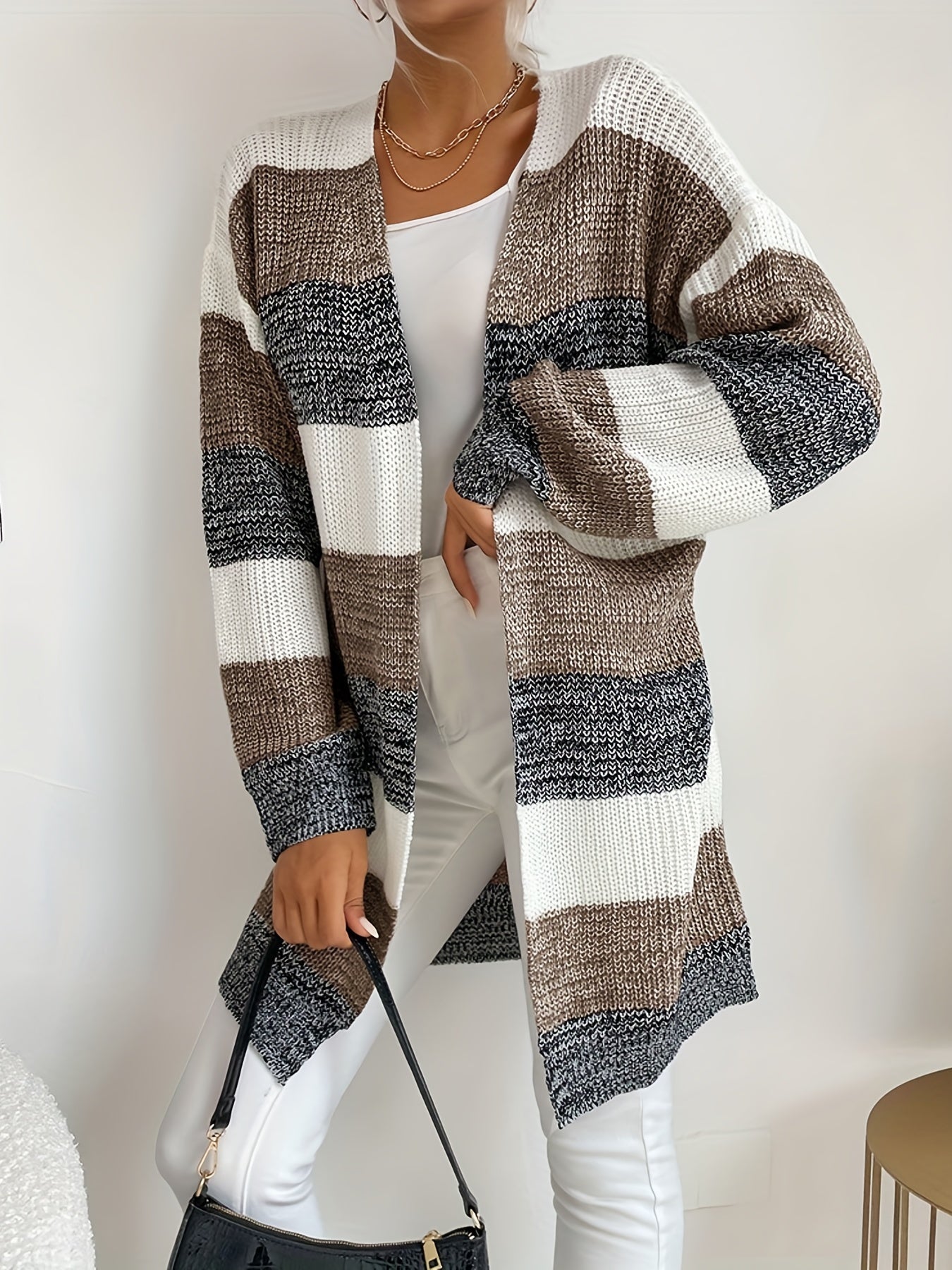  Colorblock Long Sleeve Open Front Cardigan