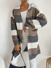  Colorblock Long Sleeve Open Front Cardigan