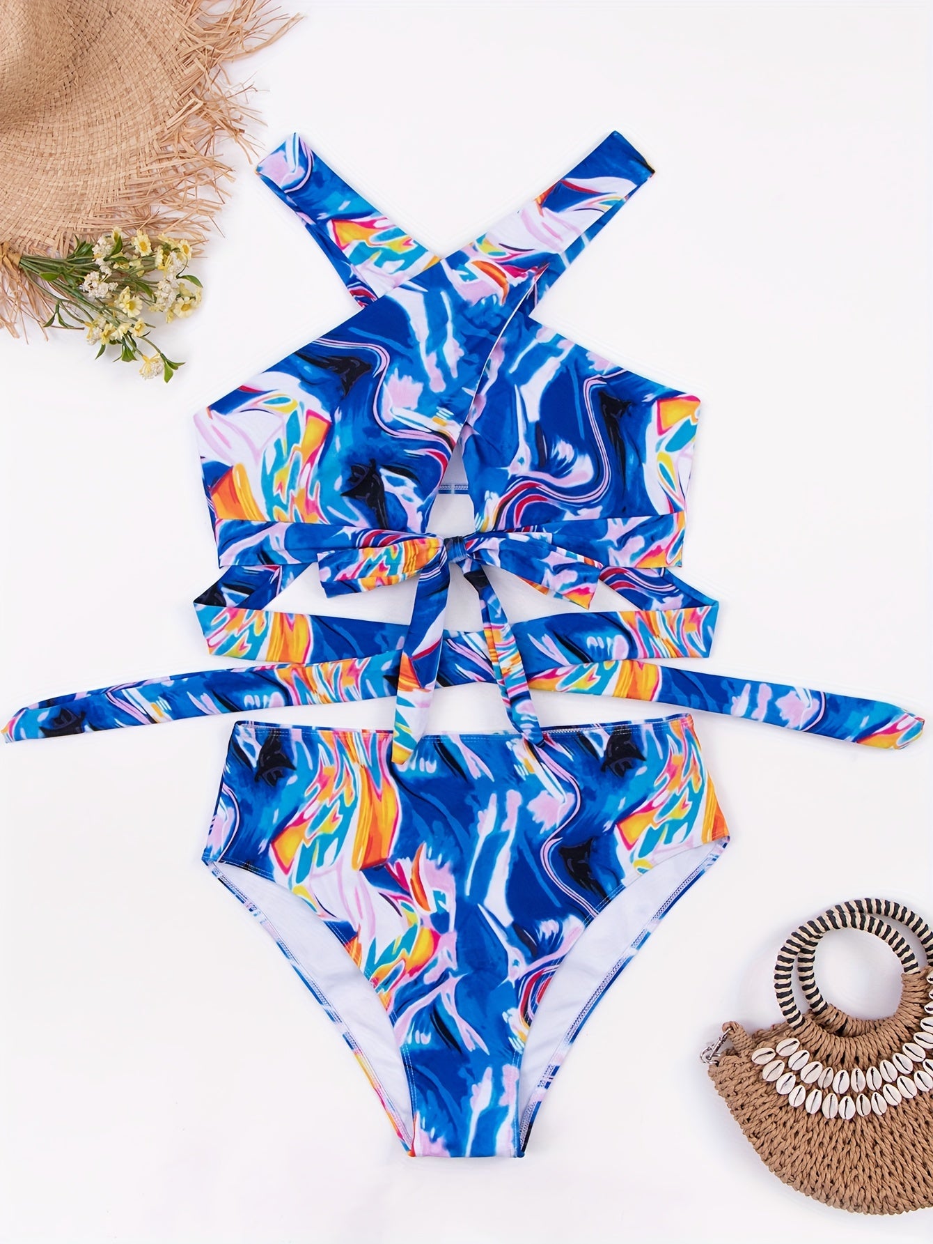  Tie Dye Cross Halter Bikini Set