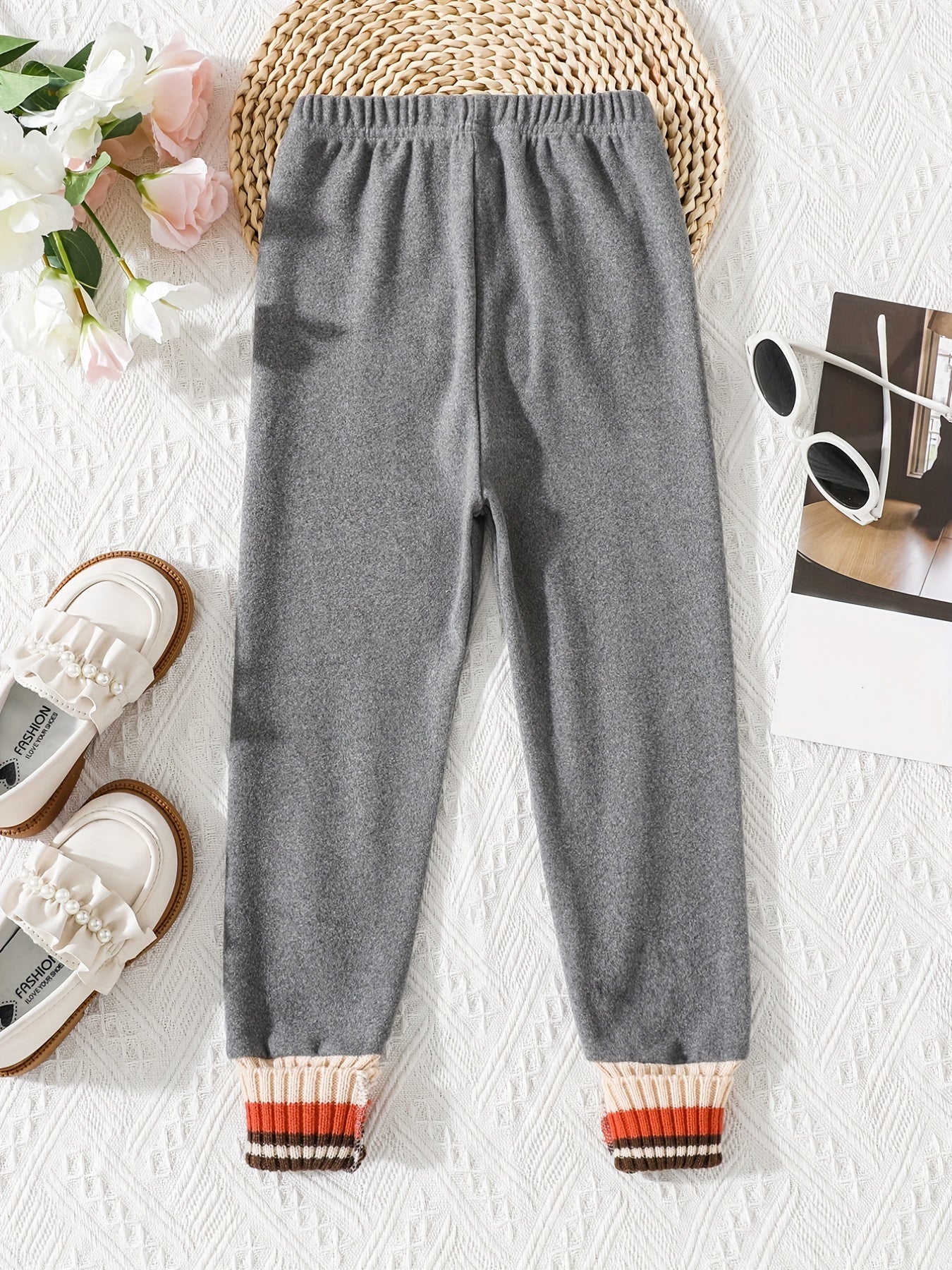 Girls Ribbed Cuffs Elastic Waist Jogger Pants for Spring Autumn