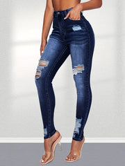 High Rise Ripped Leg Skinny Jeans Water Ripple Embossed Denim Pants