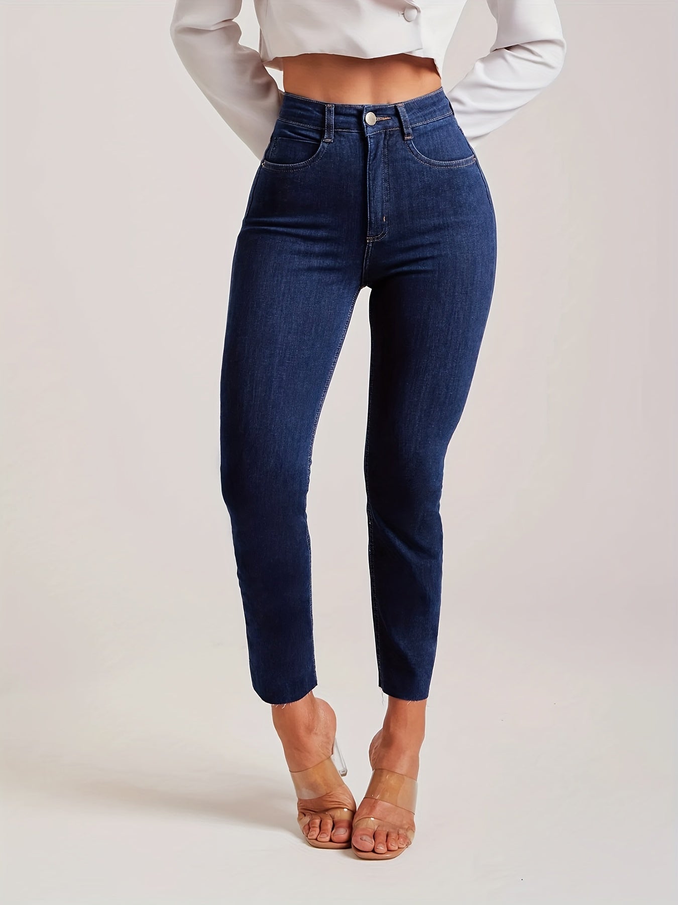Medium Stretch Slim Fit Cropped Jeans Solid Washed Denim Pants