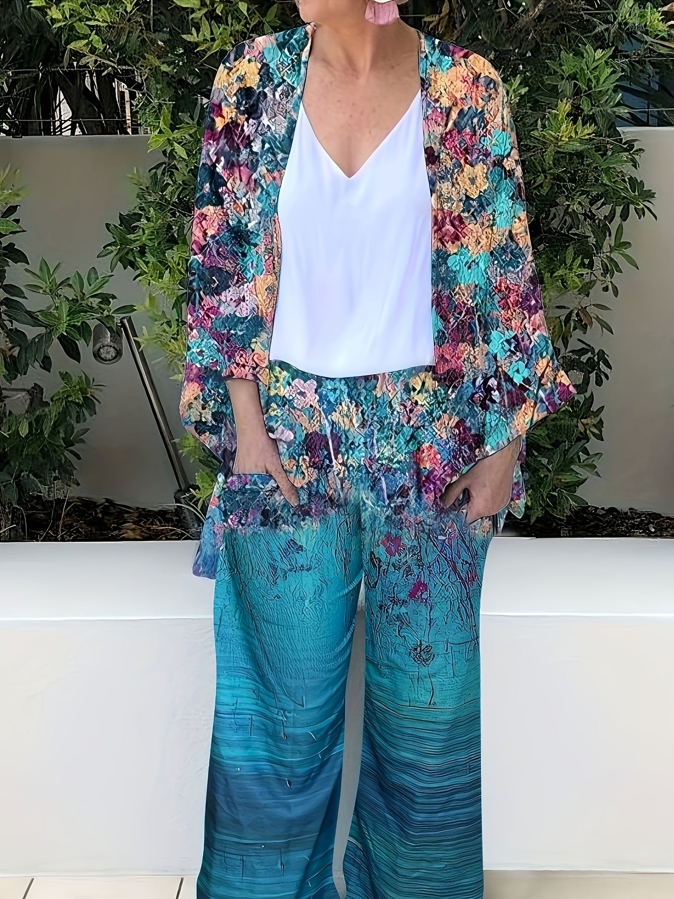  Floral Print Cardigan & Pants Set with Pockets