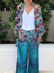  Floral Print Cardigan & Pants Set with Pockets