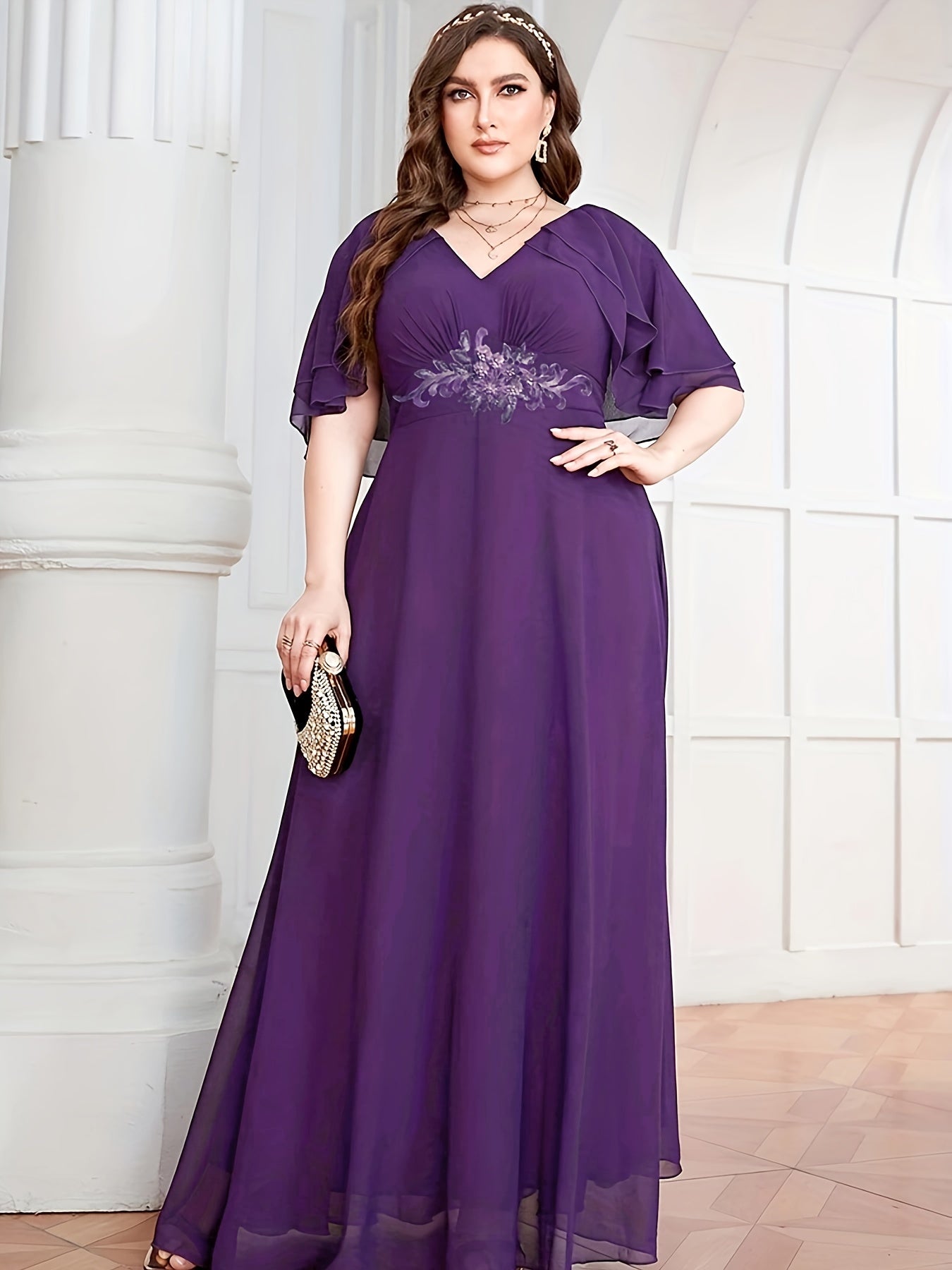  Floral Appliques Cape Sleeve Formal Dress