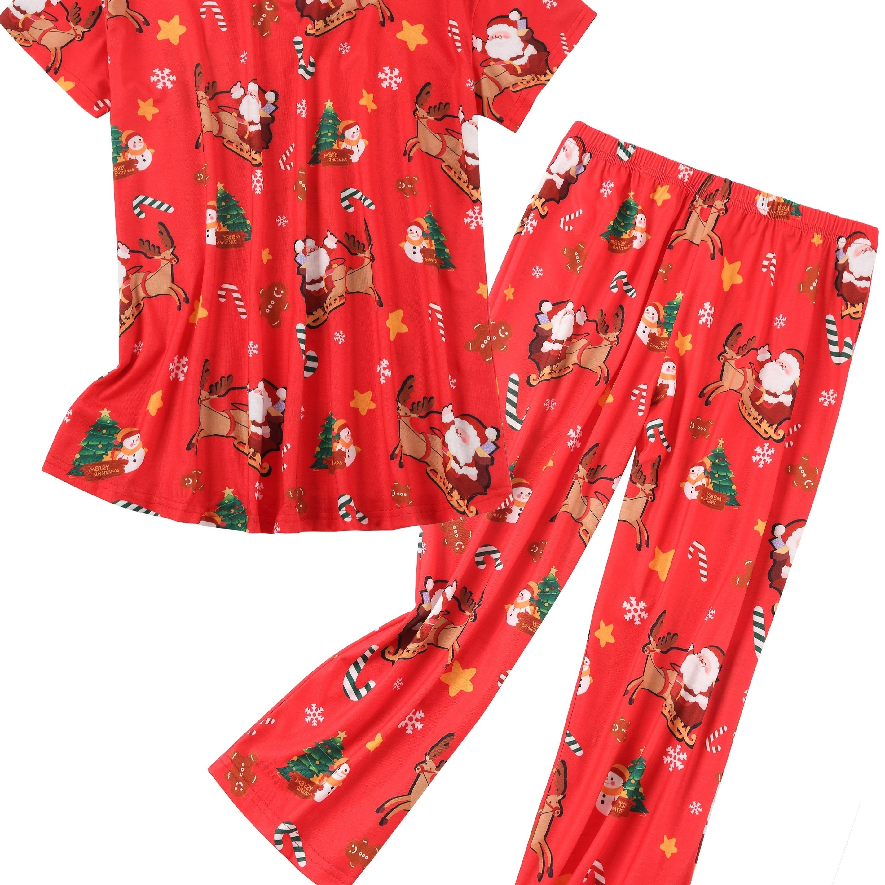 Christmas Cartoon Pajama Set Short Sleeve V Neck Top & Pants