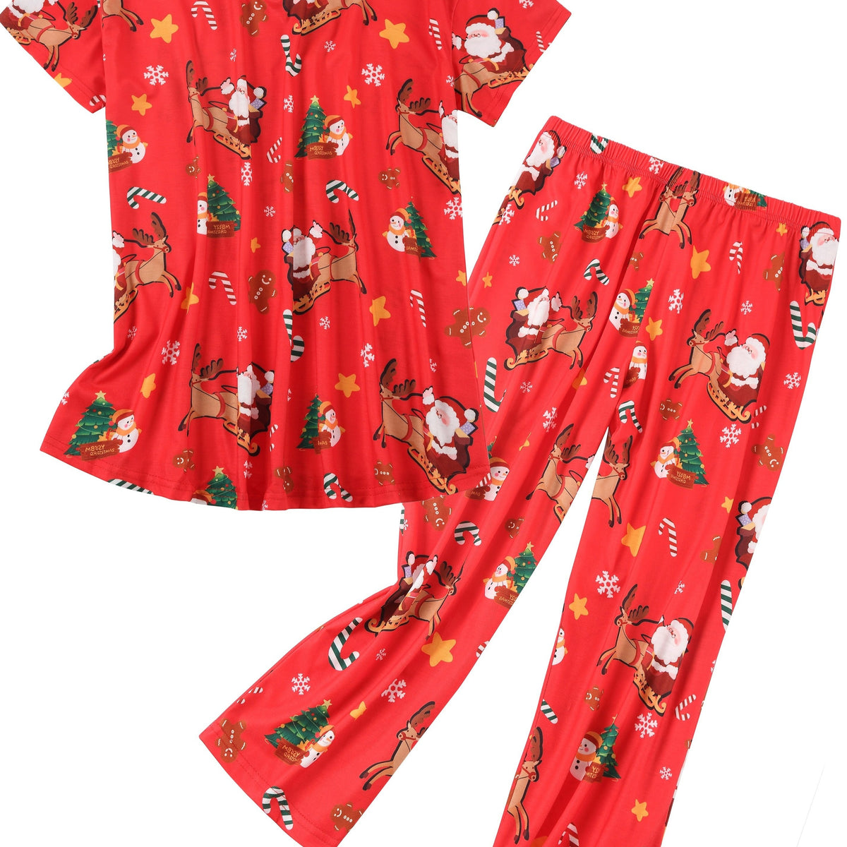 Christmas Cartoon Pajama Set Short Sleeve V Neck Top & Pants