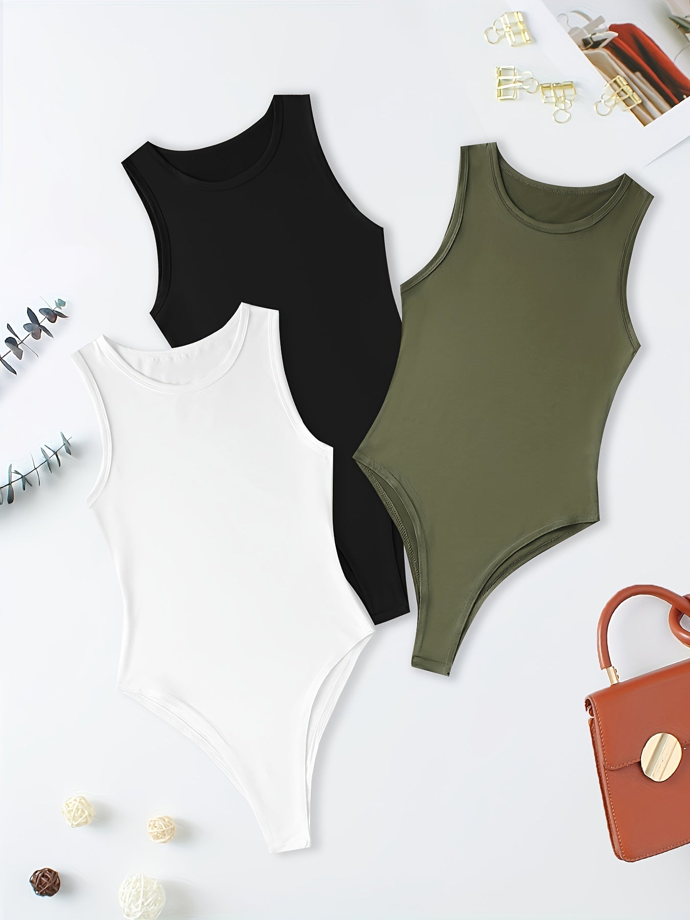 Versatile Sleeveless Bodysuits Crew Neck Slim Summer 3pcs