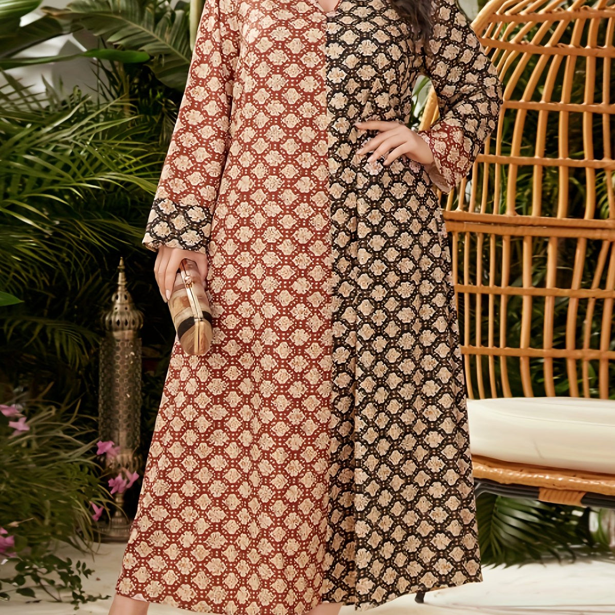  Boho Abaya Dress Women's Plus Colorblock Allover Print Long Sleeve