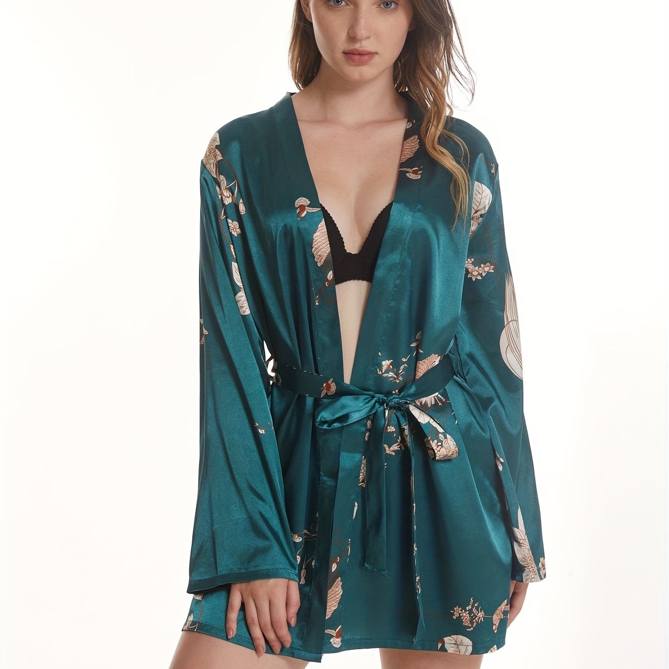 Floral Print Satin Night Robe Long Sleeve V Neck with Belt