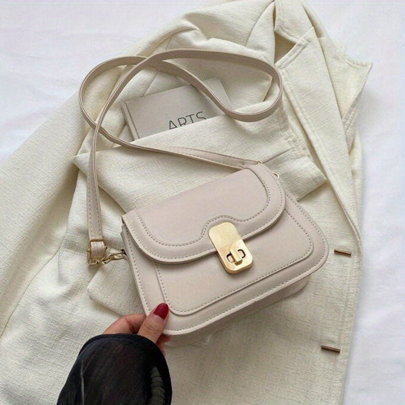 Colorblock Shoulder Bag with Turn Lock Flap - All Match Purse