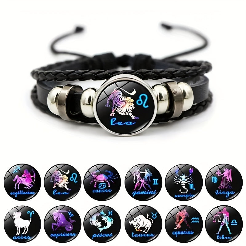 12 Constellation Leather Woven Bohemian Denim Bangle