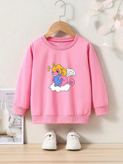 Cartoon Unicorn Print Girls Sweatshirt Long Sleeve Crew Neck Tops