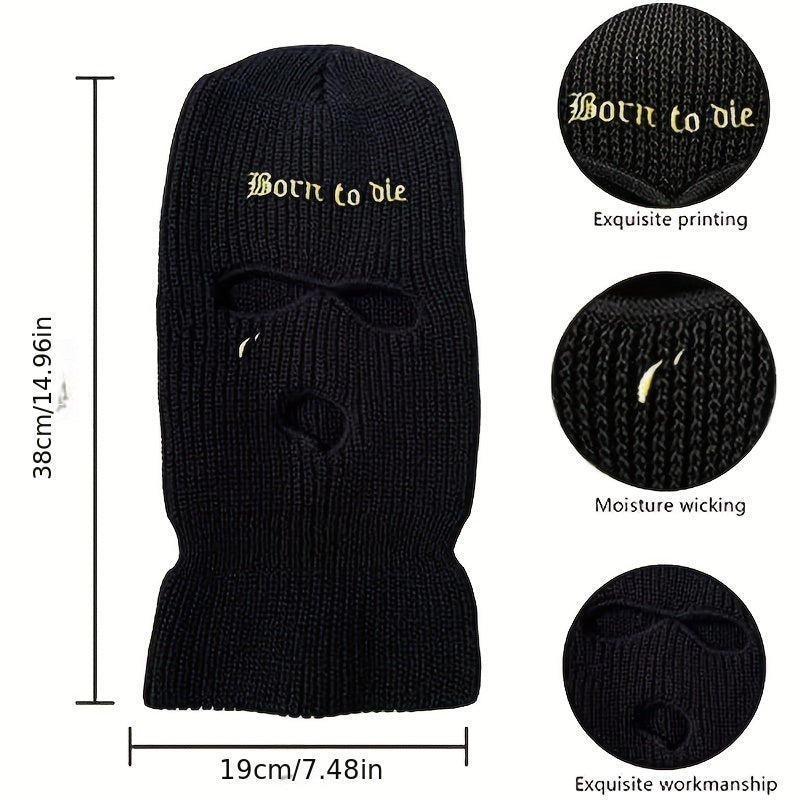 Gothic Letter Embroidery Balaclava 3 Hole Knitted Ski Mask
