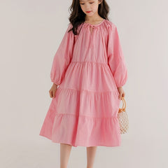 Girl's Solid Cotton One piece Dress Long Sleeve Loose Princess Dress