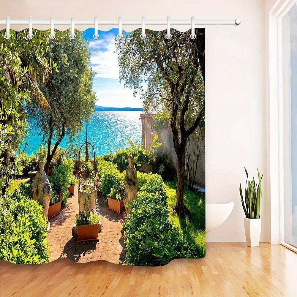 Seaside Garden Shower Curtain 3D Landscape with 12 Hooks