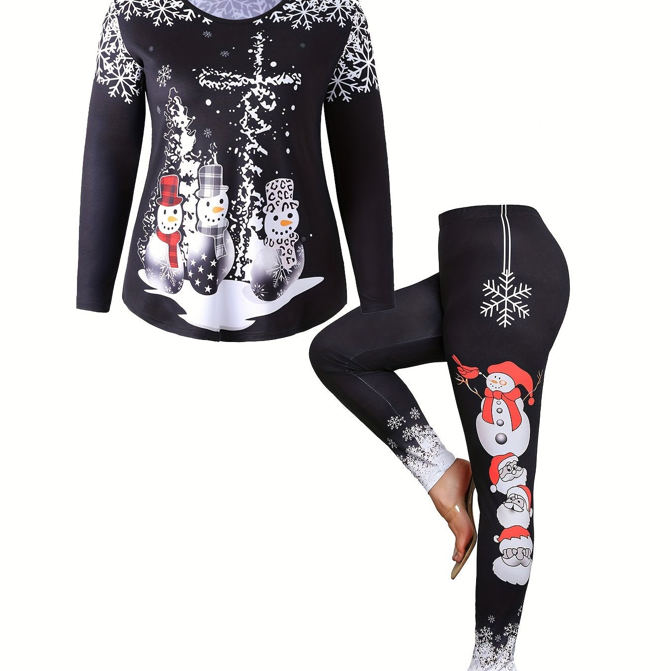  Christmas Outfits Set Women's Plus Santa Claus & Snowman Print Top