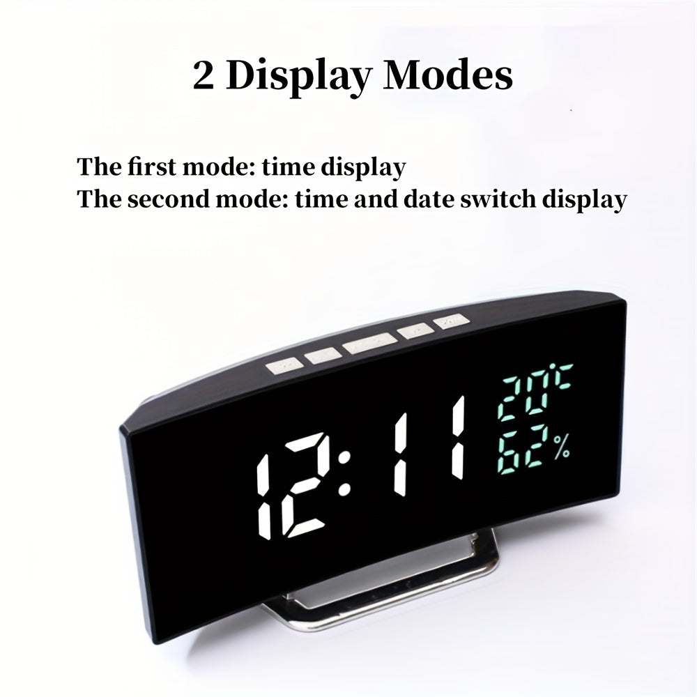 Curved Screen Digital Alarm Clock Temperature Humidity 3 Alarms Unlimited Snooze