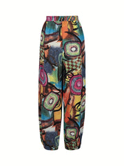  Floral Print Elastic Drawstring High Rise Slight Stretch Carrot Pants