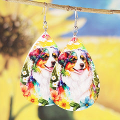 Colorful Flower Print Puppy Earrings PU Leather Jewelry Gift