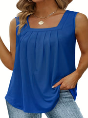  Casual Tank Top Solid Square Neck Pleated Tank Top